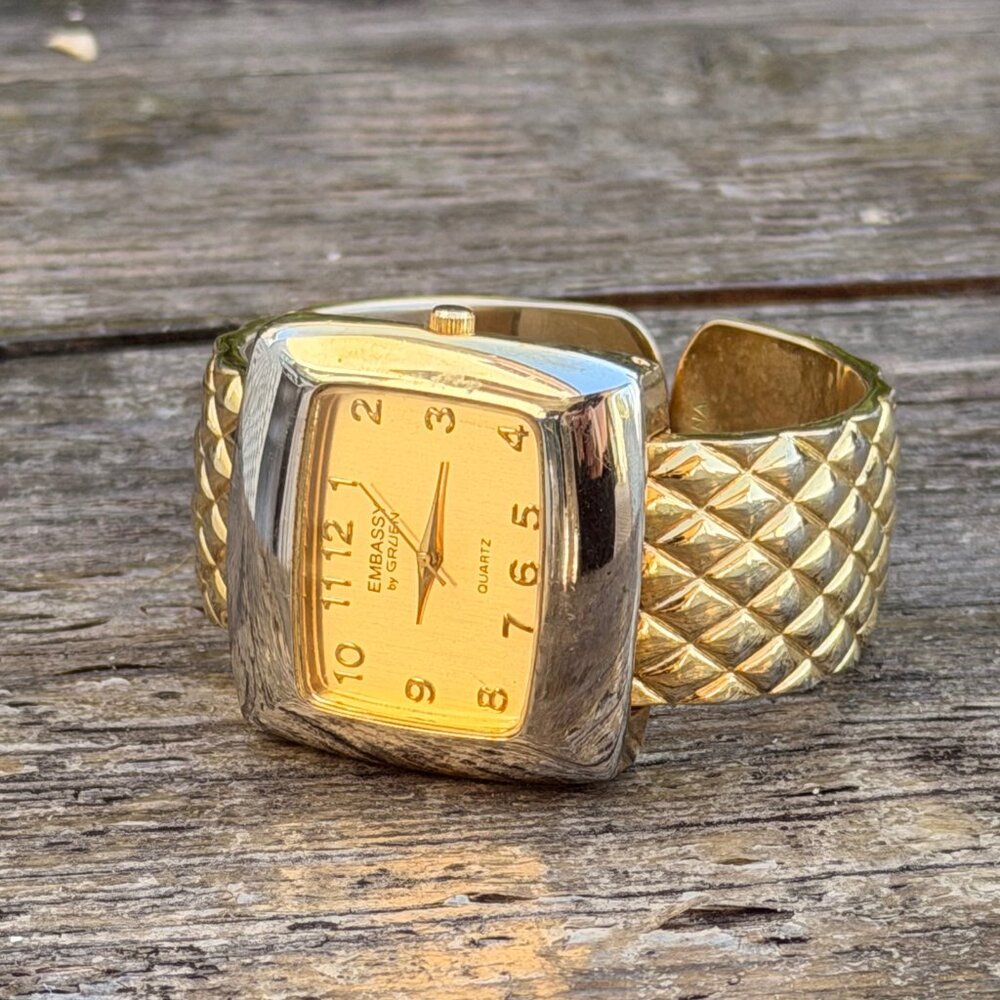 Vintage Embassy Gruen Cuff Bangle Bracelet Ladies Watch Two Tone Textured Band